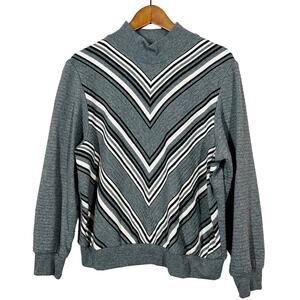 Alfred Dunner Ribbed V Knit Top Sweater Pullover Mock Neck Gray Stripe - PXL
